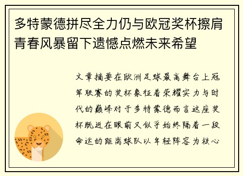 多特蒙德拼尽全力仍与欧冠奖杯擦肩青春风暴留下遗憾点燃未来希望